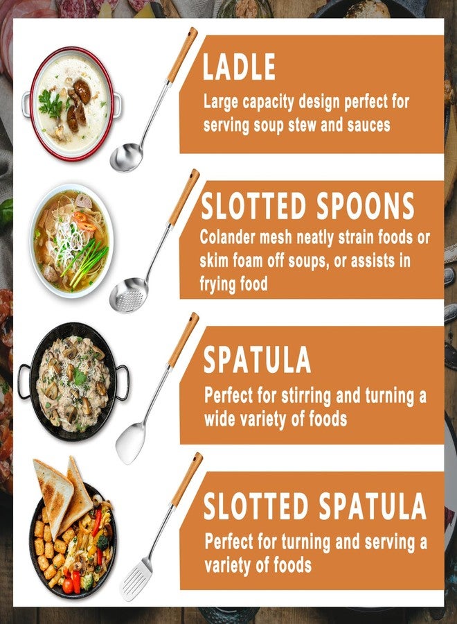 Pleafind 4-Pcs Cooking Utensils Set, Stainless Steel Kitchen Utensils with Wooden Hanlde, Kitchen Essentials Set Include Wok Ladle, Slotted Spoon, Wok Spatula and Slotted Spatula, Dishwasher Safe - Image 3