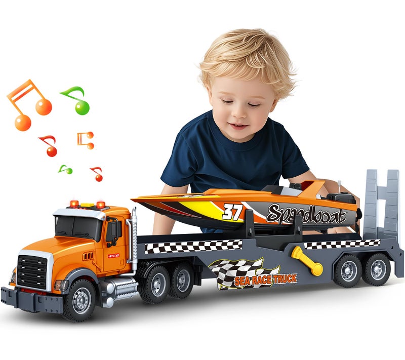 spring flower SpringFlower 3 4 5 6 Boy Toys Extra Large Truck Toy with Sounds  Lights 21 Semi Truck Toy Flatbed Transport Boat Vehicle2 in 1 Kids Boy Toddlers Age 3 4 5 6 7 Birthday Gifts - Image 3