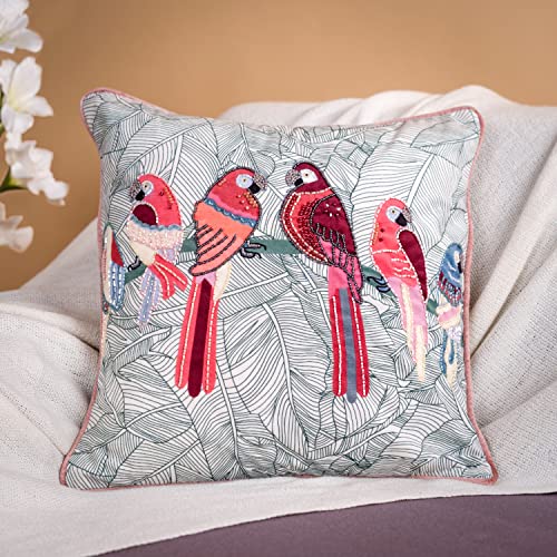 haus & kinder Decorative Embroidered Cushion Cover | Knitted Chambray Front Throw Pillow Cushion Cover for Sofa Living Room | 16inch x 16inch | Beaded Bird - Image 4