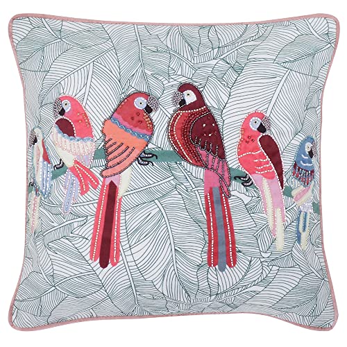 haus & kinder Decorative Embroidered Cushion Cover | Knitted Chambray Front Throw Pillow Cushion Cover for Sofa Living Room | 16inch x 16inch | Beaded Bird - Image 1