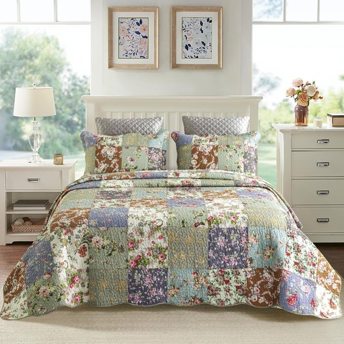 OVERSIZED KING BEDSPREADS PATCHWORK QUILT SET 120X118 INCH 100 COTTON REVERSIBLE BREATHABLE FLORAL QUILTED COVERLET WITH PILLOW SHAMS FIT ALL SEASON