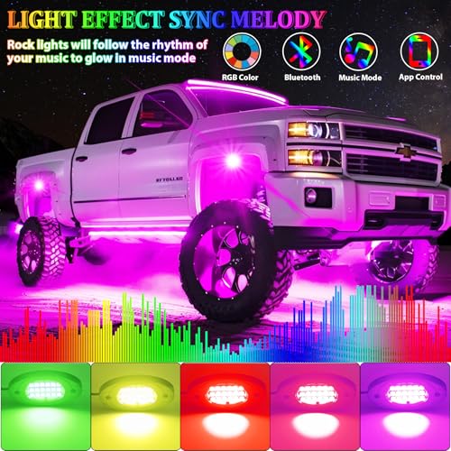 Fimker 8 Pods RGB LED Rock Lights, Underglow Multicolor Neon Light Kit Wheel Well Light with APP Control & Music Mode, Under Glow Lights for Trucks,Jeep,SUV,Golf Cart,ATV,Pickup Off Road,12 V - Image 2