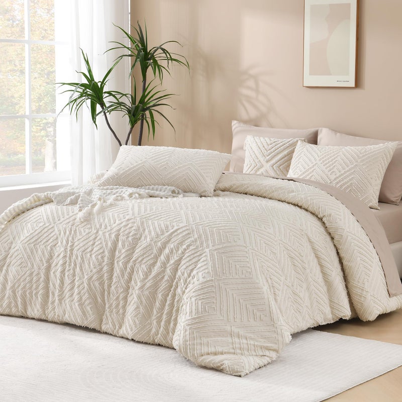Andency King Size Comforter Set Beige, 3 Pieces Boho King Bedding Comforter Set Cream, All Season Soft Lightweight Tufted Textured Down Alternative Comforter Fluffy Bed Set - Image 1