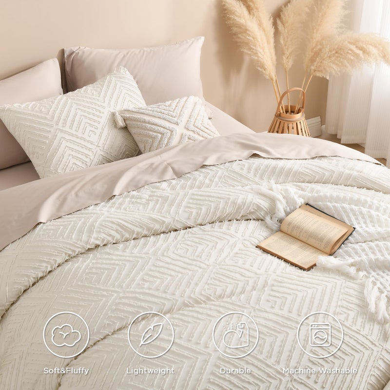 Andency King Size Comforter Set Beige, 3 Pieces Boho King Bedding Comforter Set Cream, All Season Soft Lightweight Tufted Textured Down Alternative Comforter Fluffy Bed Set - Image 4