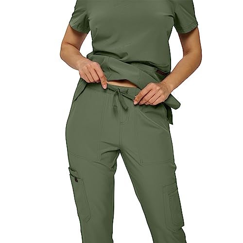 MONARCH UNIFORMS أطقم زى مهنى مكونة من سكراب في مقاسات عادية وصغيرة سكراب مرن للنساء مجموعة من قميص سكراب وسروال سكراب-(زيتوني)-2X - Image 3