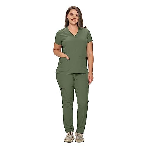 MONARCH UNIFORMS أطقم زى مهنى مكونة من سكراب في مقاسات عادية وصغيرة سكراب مرن للنساء مجموعة من قميص سكراب وسروال سكراب-(زيتوني)-2X - Image 2