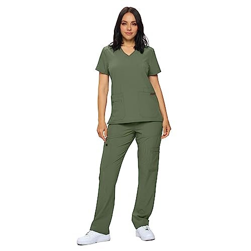 MONARCH UNIFORMS أطقم زى مهنى مكونة من سكراب في مقاسات عادية وصغيرة سكراب مرن للنساء مجموعة من قميص سكراب وسروال سكراب-(زيتوني)-2X - Image 1
