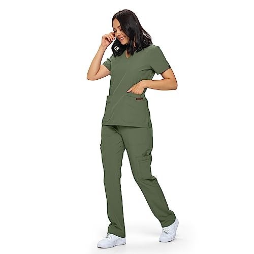MONARCH UNIFORMS أطقم زى مهنى مكونة من سكراب في مقاسات عادية وصغيرة سكراب مرن للنساء مجموعة من قميص سكراب وسروال سكراب-(زيتوني)-2X - Image 4