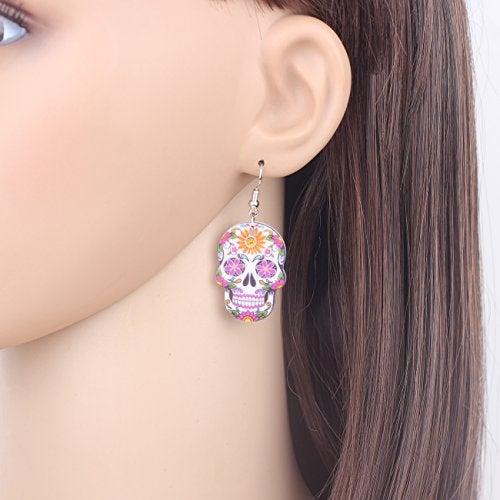 NEWEI Cute Halloween Sugar Skull Earrings Dangle Acrylic Skull Decor Gifts for Women Festival Charms (Purple) - Image 2