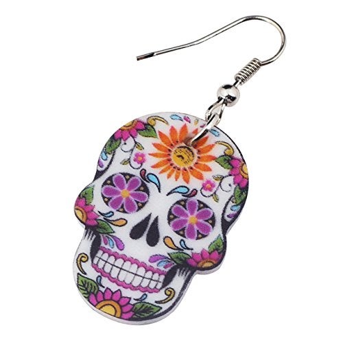 NEWEI Cute Halloween Sugar Skull Earrings Dangle Acrylic Skull Decor Gifts for Women Festival Charms (Purple) - Image 4