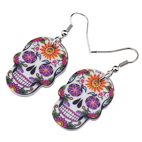 NEWEI Cute Halloween Sugar Skull Earrings Dangle Acrylic Skull Decor Gifts for Women Festival Charms (Purple) - Image 3