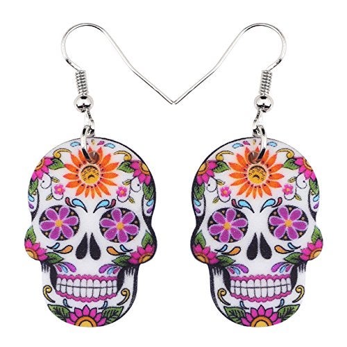 NEWEI Cute Halloween Sugar Skull Earrings Dangle Acrylic Skull Decor Gifts for Women Festival Charms (Purple) - Image 1