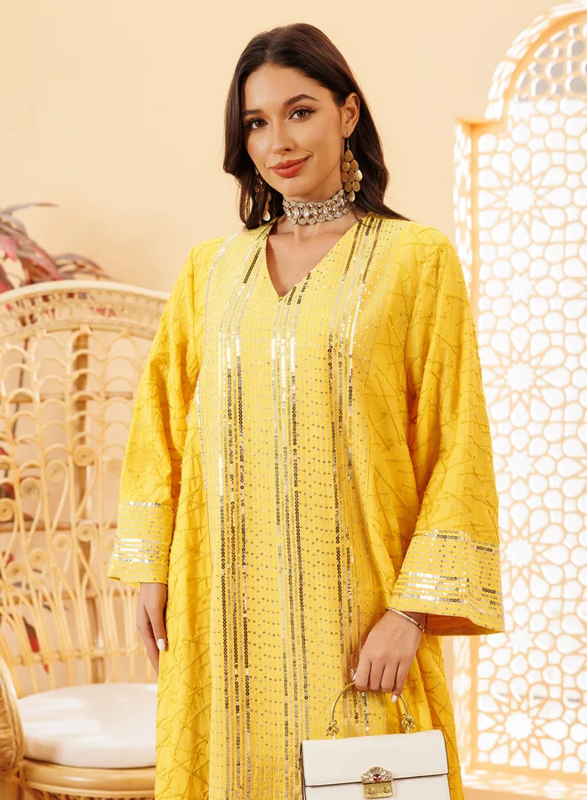 Take Two Yellow Women Yellow Sequined Embellished Jalabiya for Women | Best Price UAE