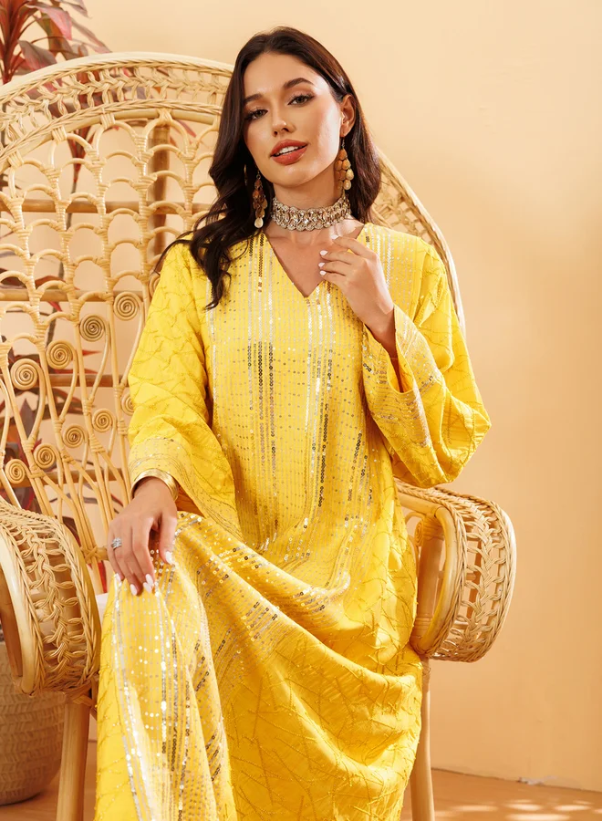 Take Two Yellow Women Yellow Sequined Embellished Jalabiya for Women | Best Price UAE