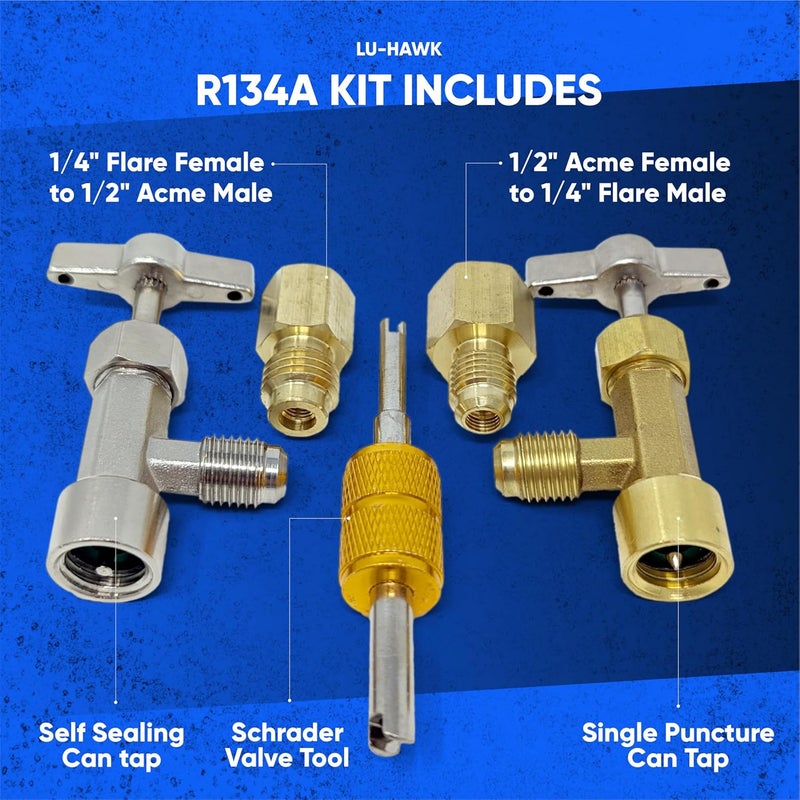 Lu-Hawk R134A Adapter Fitting Kit ( R134A Self-Sealing, and Single Puncture Can Taps, with Valve Core Removal Tool) - Image 2