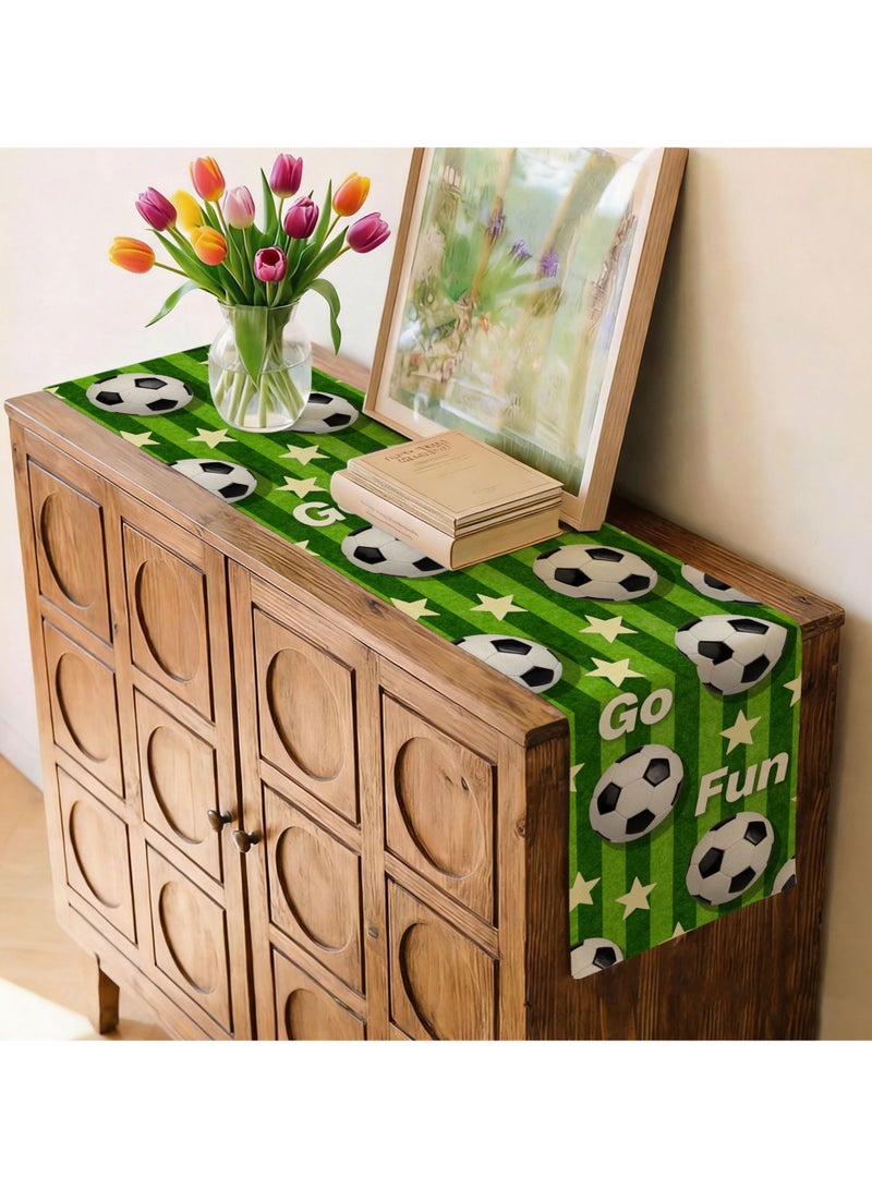 World Cup Football Printed Table Runner with 'Go Fun' Text, Linen Style Long Table Flag for Dining Table, Bookshelf, Home Decor - Image 2