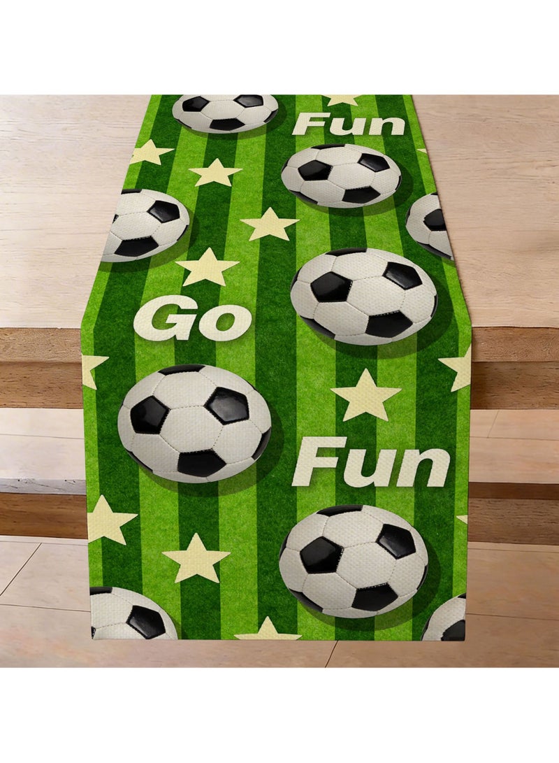 World Cup Football Printed Table Runner with 'Go Fun' Text, Linen Style Long Table Flag for Dining Table, Bookshelf, Home Decor - Image 1