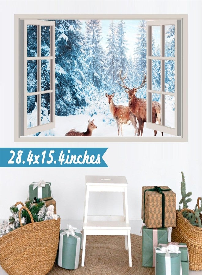 kokolap Winter Wall Stickers 3D Fake Windows Wall Stickers Forest Wall Decals Christmas Wall Decals Peel and Stick Snow Landscape Deer Stickers Pine Tree Wall Art Mural Decals for Living Room Kitchen Decor - Image 5