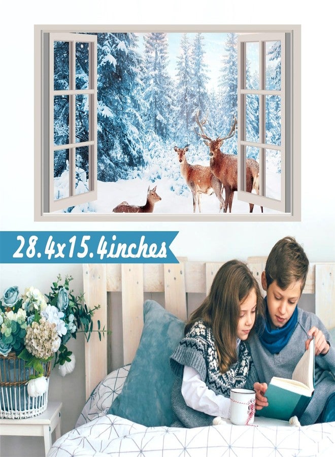 kokolap Winter Wall Stickers 3D Fake Windows Wall Stickers Forest Wall Decals Christmas Wall Decals Peel and Stick Snow Landscape Deer Stickers Pine Tree Wall Art Mural Decals for Living Room Kitchen Decor - Image 3
