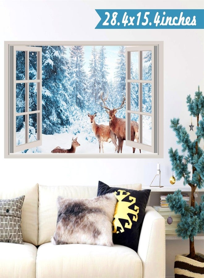 kokolap Winter Wall Stickers 3D Fake Windows Wall Stickers Forest Wall Decals Christmas Wall Decals Peel and Stick Snow Landscape Deer Stickers Pine Tree Wall Art Mural Decals for Living Room Kitchen Decor - Image 4