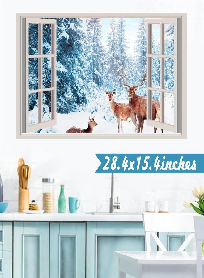 kokolap Winter Wall Stickers 3D Fake Windows Wall Stickers Forest Wall Decals Christmas Wall Decals Peel and Stick Snow Landscape Deer Stickers Pine Tree Wall Art Mural Decals for Living Room Kitchen Decor - Image 2