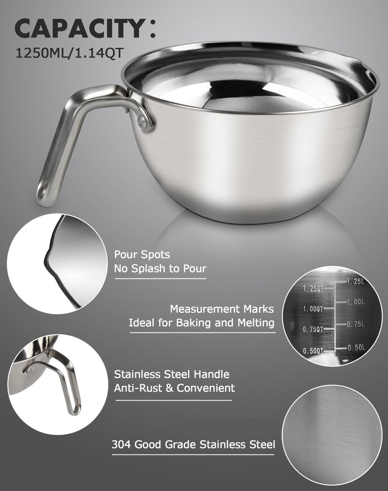Marsheepy Double Boiler Pot Set,1250ML/1.1QT Mixing Bowl for Chocolate Melting, 2200ML/ 2QT 304 Stainless Steel Pot With Silicone Spatula for Melting Chocolate, Candy, Candle, Soap, Wax - Image 3