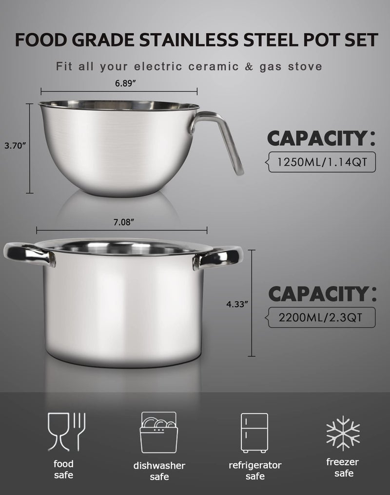 Marsheepy Double Boiler Pot Set,1250ML/1.1QT Mixing Bowl for Chocolate Melting, 2200ML/ 2QT 304 Stainless Steel Pot With Silicone Spatula for Melting Chocolate, Candy, Candle, Soap, Wax - Image 2