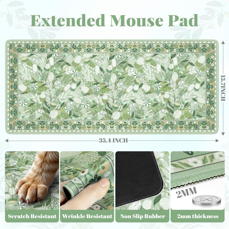 Anyshock Large Mouse Pad for Desktop, Cute Desk Mat Pad Protector for Work, Aesthetic Pretty Anti-Slip Keyboard Cover for Office School Home Supplies, Green Floral, 35.4" x 15.7" - Image 2