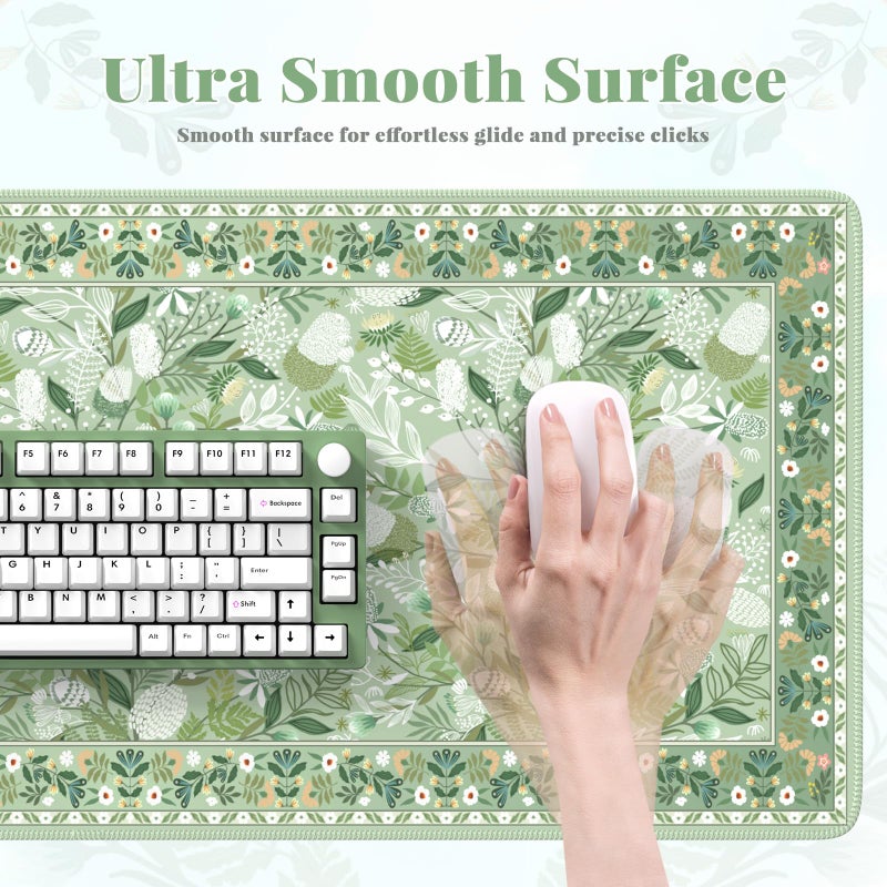Anyshock Large Mouse Pad for Desktop, Cute Desk Mat Pad Protector for Work, Aesthetic Pretty Anti-Slip Keyboard Cover for Office School Home Supplies, Green Floral, 35.4" x 15.7" - Image 3