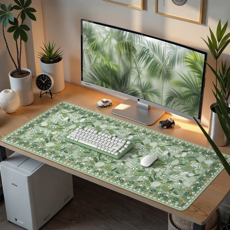 Anyshock Large Mouse Pad for Desktop, Cute Desk Mat Pad Protector for Work, Aesthetic Pretty Anti-Slip Keyboard Cover for Office School Home Supplies, Green Floral, 35.4" x 15.7" - Image 1