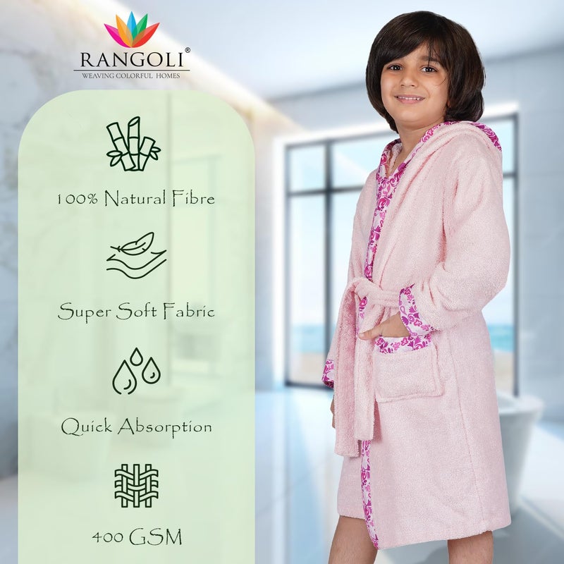 Rangoli Premium 100% Bamboo Kids Bathrobe - Pink, Hooded, 500 GSM - Image 2