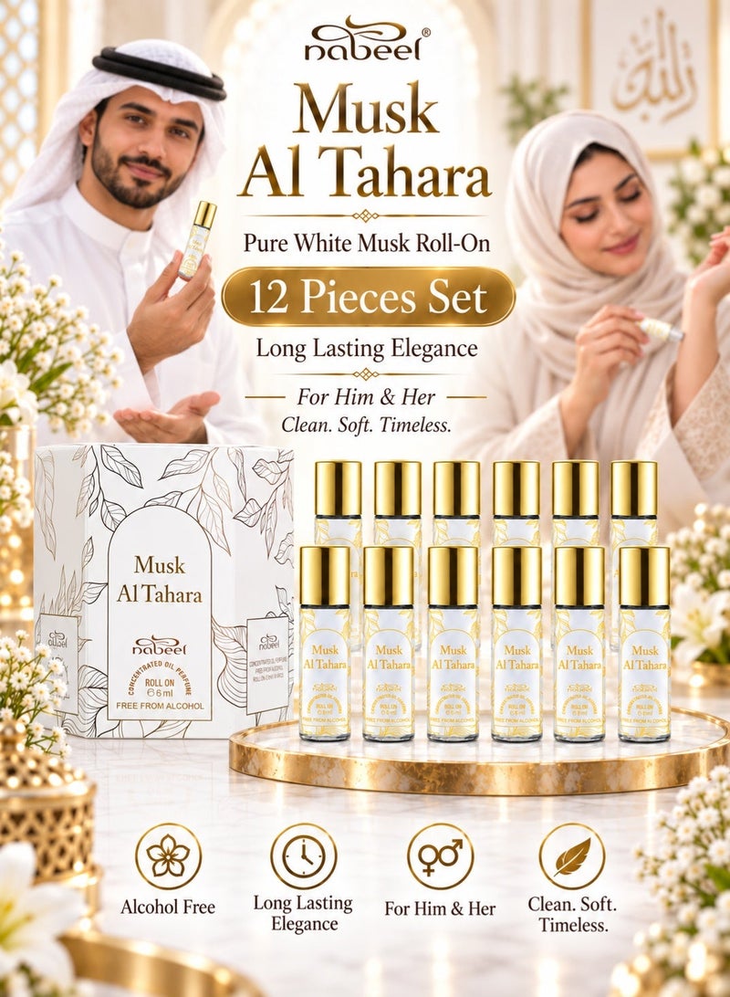Nabeel 12 Pcs Nabeel Musk Al Tahara Pure White Musk Roll On Perfume Oil 6 ML Clean Intimate and Long-Lasting Elegance - Image 1