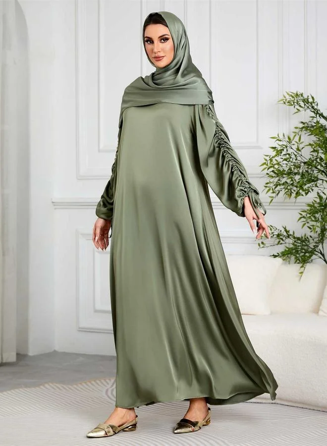 Take Two  Women Green Ruched Sleeves Jalabiya with Headscarf for Women | Best Price UAE