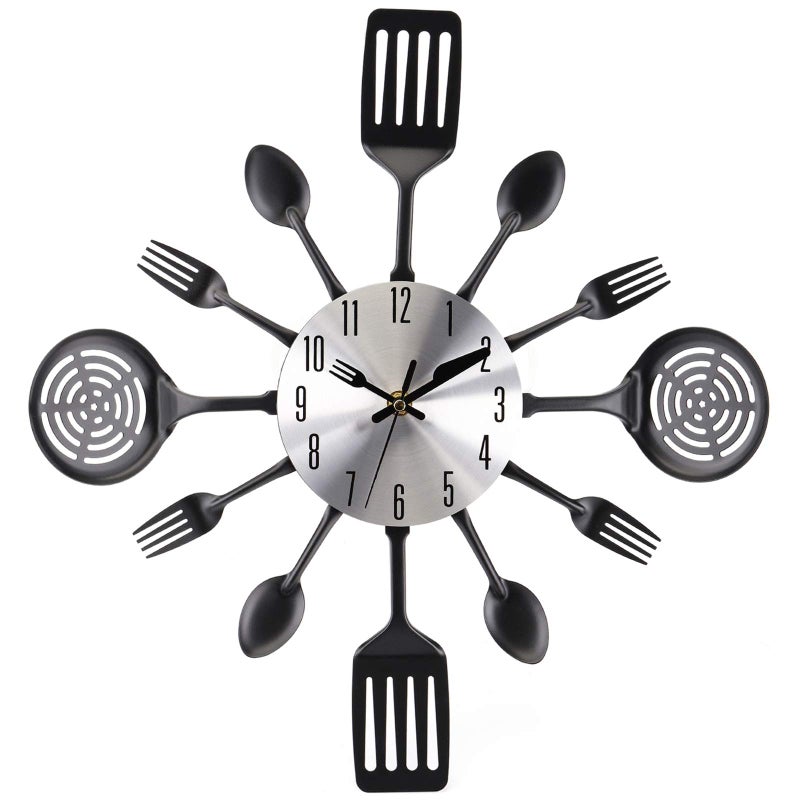Hedume 16 Kitchen Wall Clock Large Kitchen Cutlery Wall Clock with Spoons and Forks 3D Removable Modern Creative Wall Decal Wall Sticker Room Home Decoration
