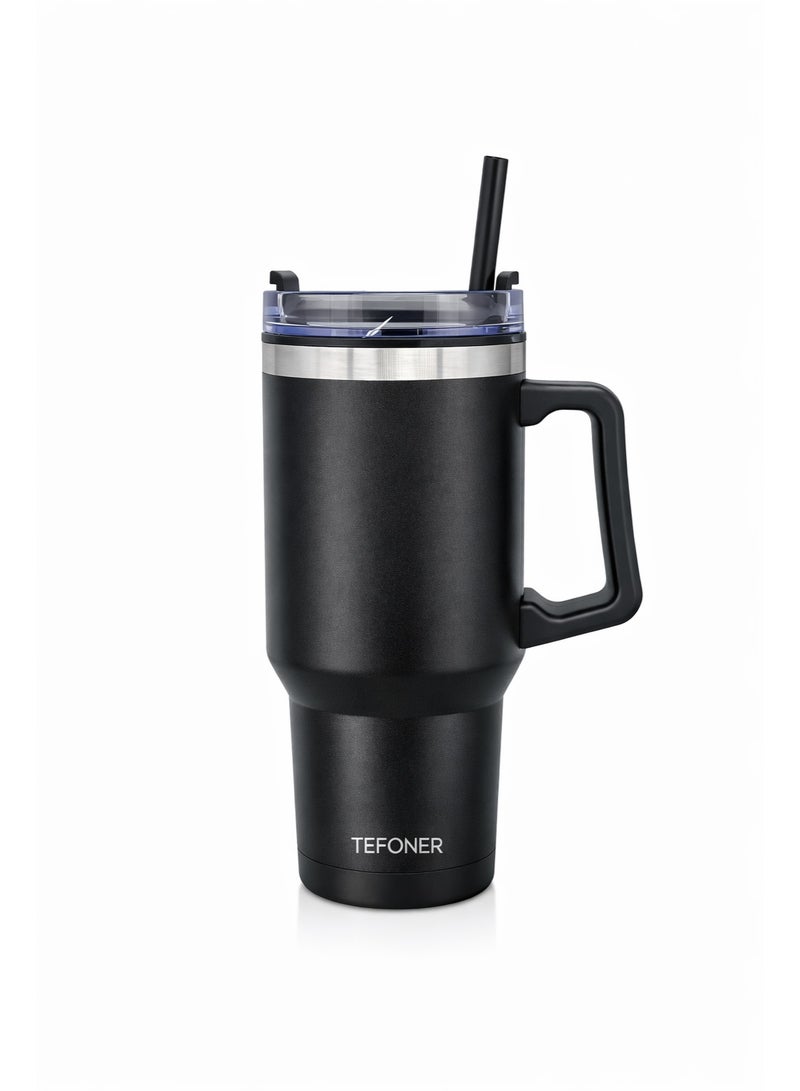 تيفونر كوب سفر ستانلس ستيل سعة 40 أونصة مع مقبض وشفاط مناسب لحامل الأكواب في السيارة لحفظ المشروبات الساخنة والباردة - Image 1