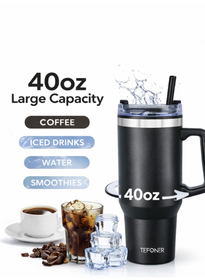 تيفونر كوب سفر ستانلس ستيل سعة 40 أونصة مع مقبض وشفاط مناسب لحامل الأكواب في السيارة لحفظ المشروبات الساخنة والباردة - Image 2