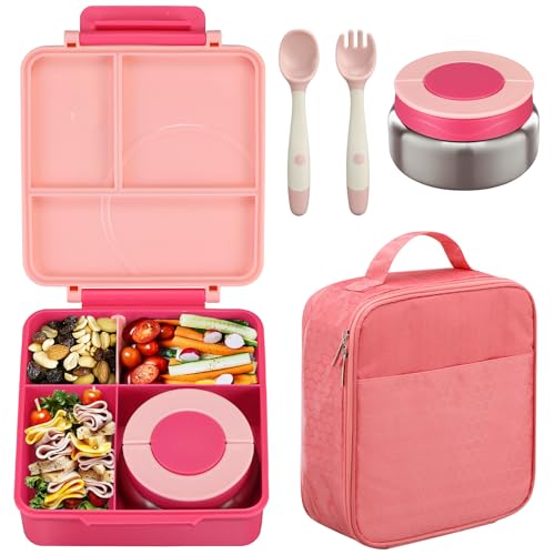 Howeemo Bento Lunch Box Set for Kids with 8oz Soup Thermo, Leak-Proof Lunch Containers with 4 Compartment, Kids Thermo Hot Food Jar and Insulated Lunch Bag for Kid to School-Pink - Image 1