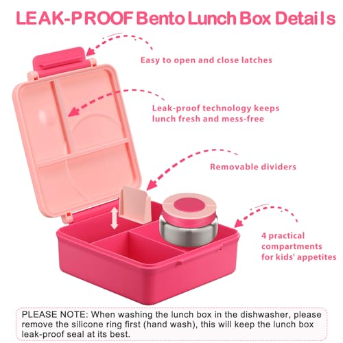 Howeemo Bento Lunch Box Set for Kids with 8oz Soup Thermo, Leak-Proof Lunch Containers with 4 Compartment, Kids Thermo Hot Food Jar and Insulated Lunch Bag for Kid to School-Pink - Image 5