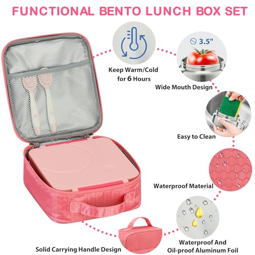 Howeemo Bento Lunch Box Set for Kids with 8oz Soup Thermo, Leak-Proof Lunch Containers with 4 Compartment, Kids Thermo Hot Food Jar and Insulated Lunch Bag for Kid to School-Pink - Image 4