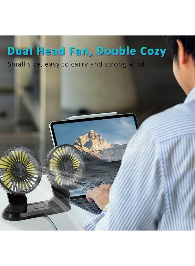 padom 5V Dual-Head Car Fan, Portable Vehicle Fan Vehicle Mounted USB Fan Electric Fan 360 Degree Rotation Auto Cooling Car Fan Desk Fan with 3 Speed Strong Wind for Car Dashboard Home Office, black - Image 2