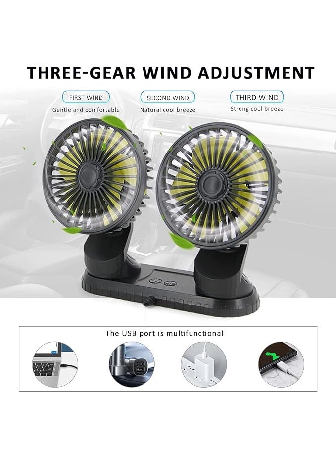 padom 5V Dual-Head Car Fan, Portable Vehicle Fan Vehicle Mounted USB Fan Electric Fan 360 Degree Rotation Auto Cooling Car Fan Desk Fan with 3 Speed Strong Wind for Car Dashboard Home Office, black - Image 1