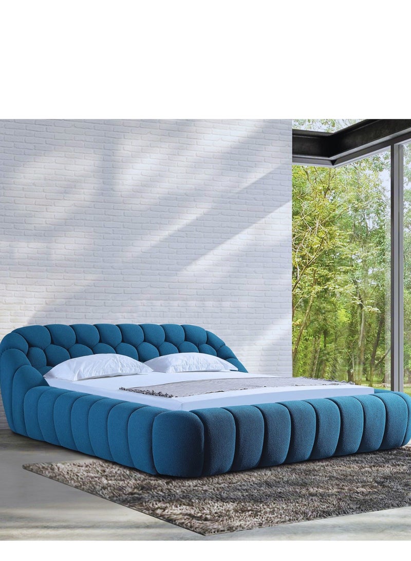 Wooden Twist Bubble Design Modern Cloud Bed In Soft Boucle Fabric Blue (Queen Size)  - Image 1