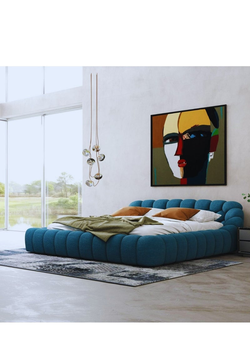 Wooden Twist Bubble Design Modern Cloud Bed In Soft Boucle Fabric Blue (Queen Size)  - Image 3