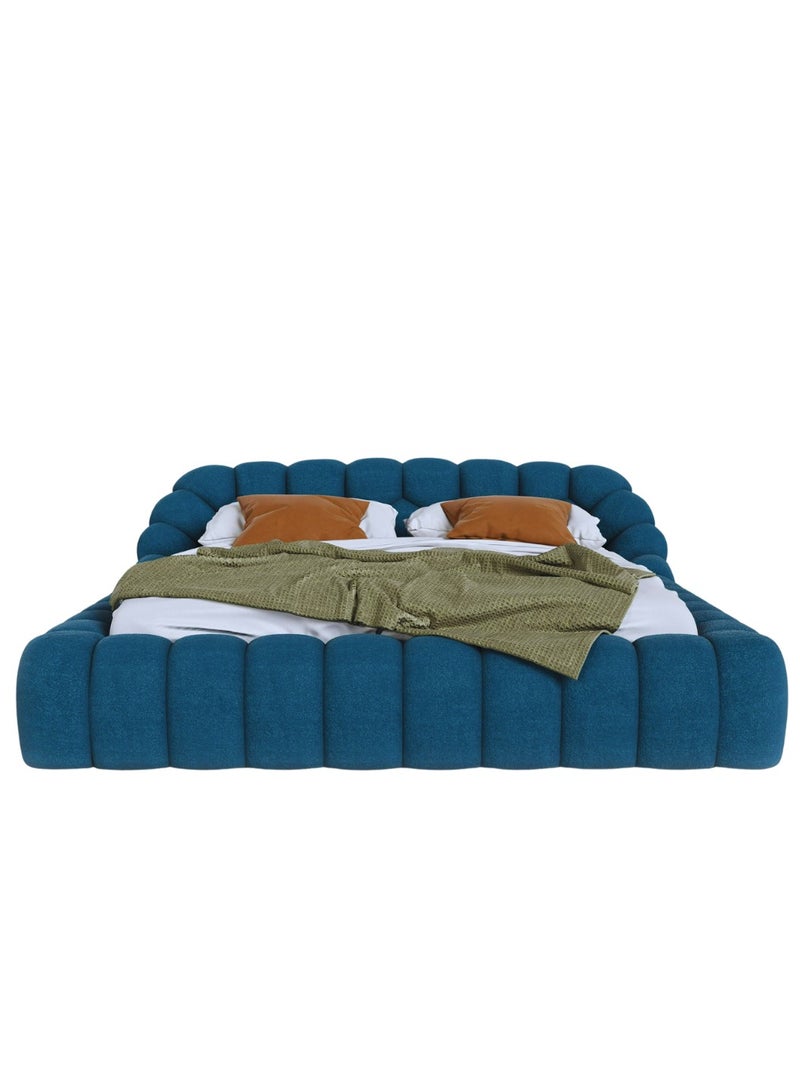 Wooden Twist Bubble Design Modern Cloud Bed In Soft Boucle Fabric Blue (Queen Size)  - Image 4