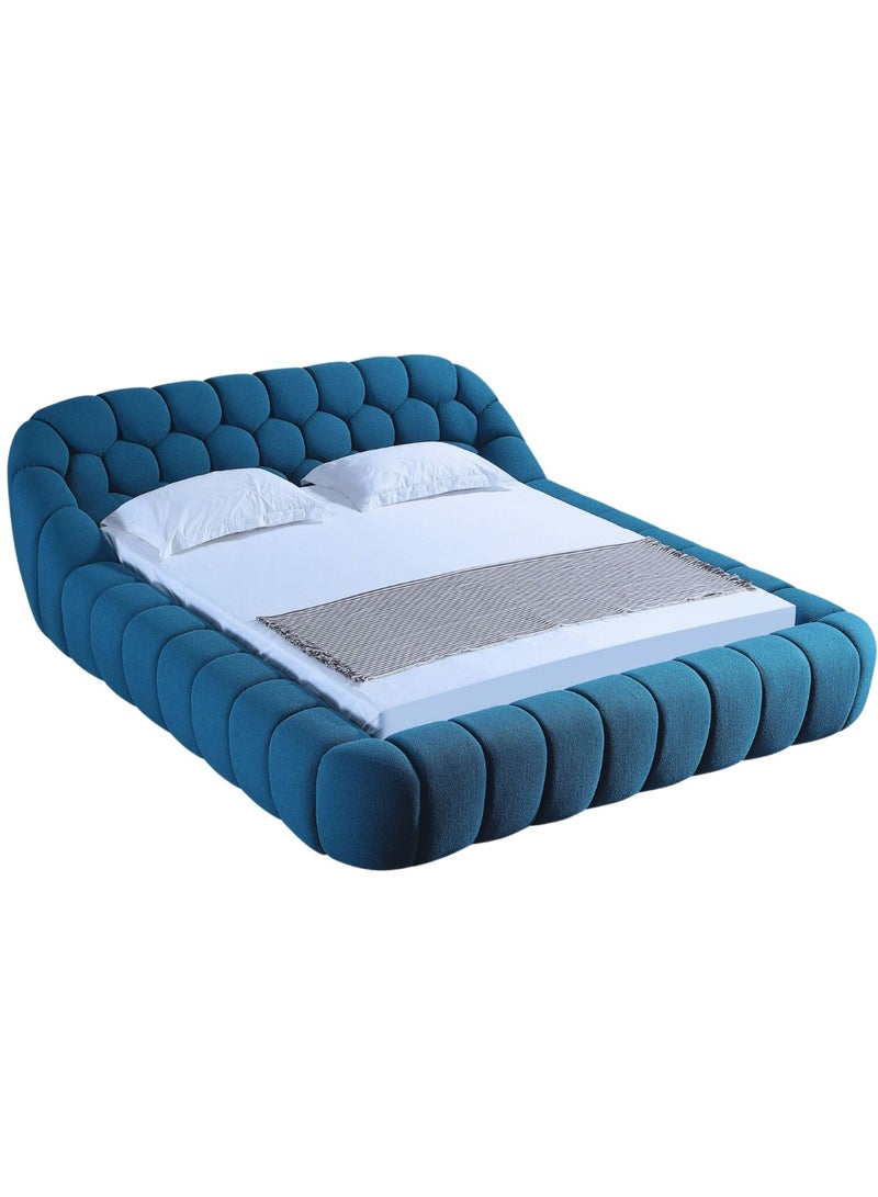 Wooden Twist Bubble Design Modern Cloud Bed In Soft Boucle Fabric Blue (Queen Size)  - Image 5
