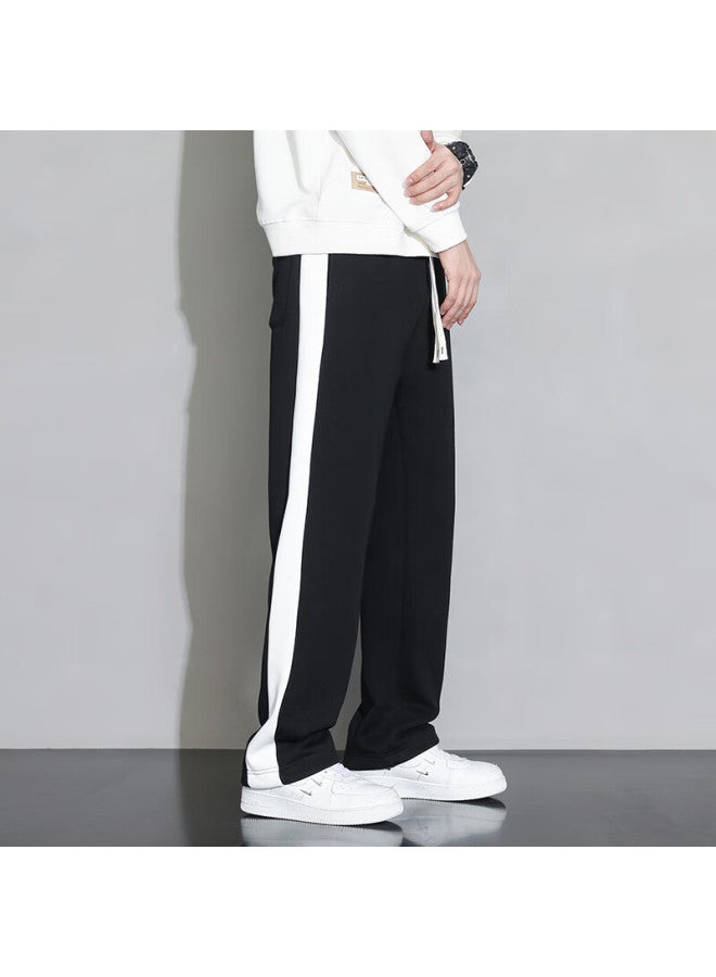 Foss Phil Men's Spring Summer Loose Striped Casual Pants Wide Leg Straight Pants Men's Clothing 323 Black XL - Image 3