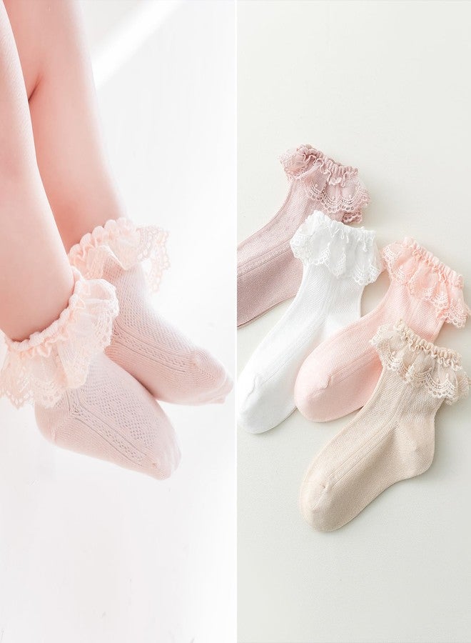 EPEIUS Baby Lace Socks Newborn Girl Eyelet Ruffle Frilly Socks Soft Breathable Seamless Cotton Sox 6-12 Months White/Pink/Dusty Pink 3 Pack S - Image 2