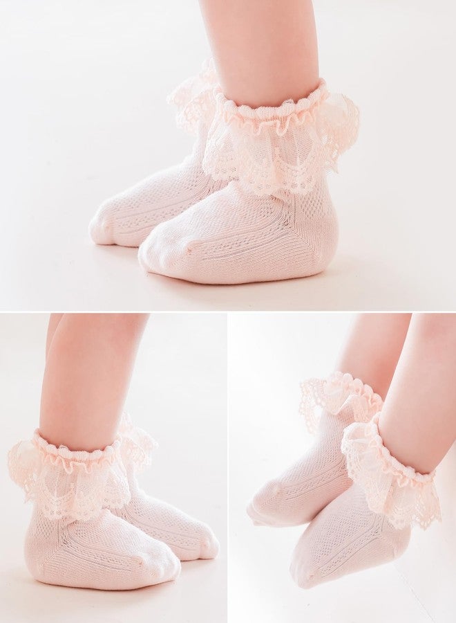 EPEIUS Baby Lace Socks Newborn Girl Eyelet Ruffle Frilly Socks Soft Breathable Seamless Cotton Sox 6-12 Months White/Pink/Dusty Pink 3 Pack S - Image 3