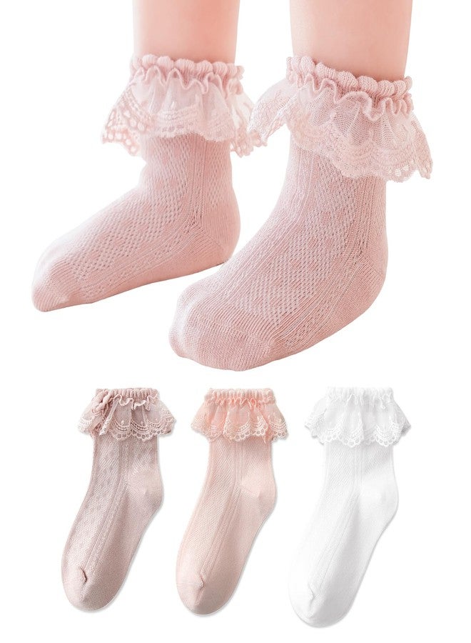 EPEIUS Baby Lace Socks Newborn Girl Eyelet Ruffle Frilly Socks Soft Breathable Seamless Cotton Sox 6-12 Months White/Pink/Dusty Pink 3 Pack S - Image 1