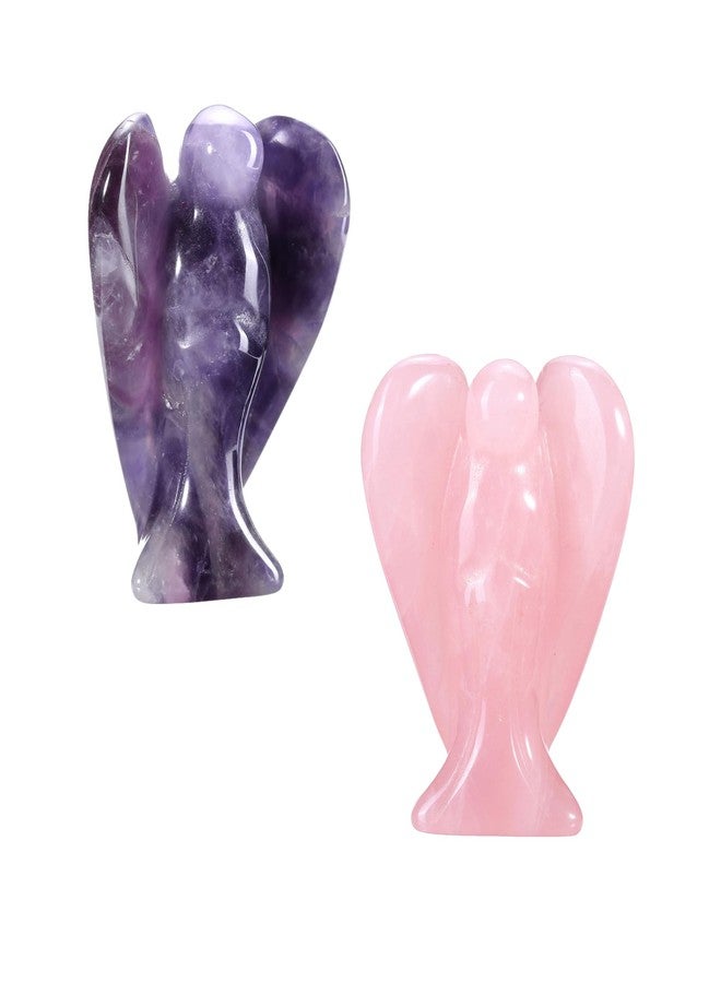 Jovivi 2pcs Amethyst Rose Quartz Crystal Angel Figurines 1.5 Inch Polished Pocket Guardian Angel Statue Stones Angel Gemstones Crystals Carved Stones Meditation Home Decor Love - Image 1